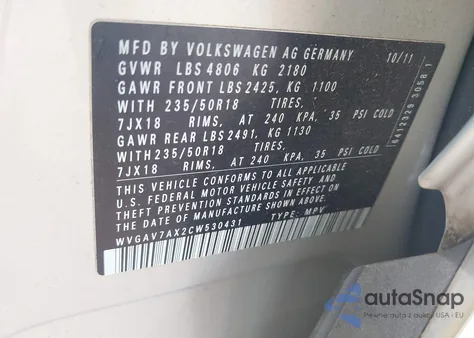 2012 Volkswagen Tiguan S/Se/Sel из США, поврежденный, VIN WVGAV7AX2CW530431